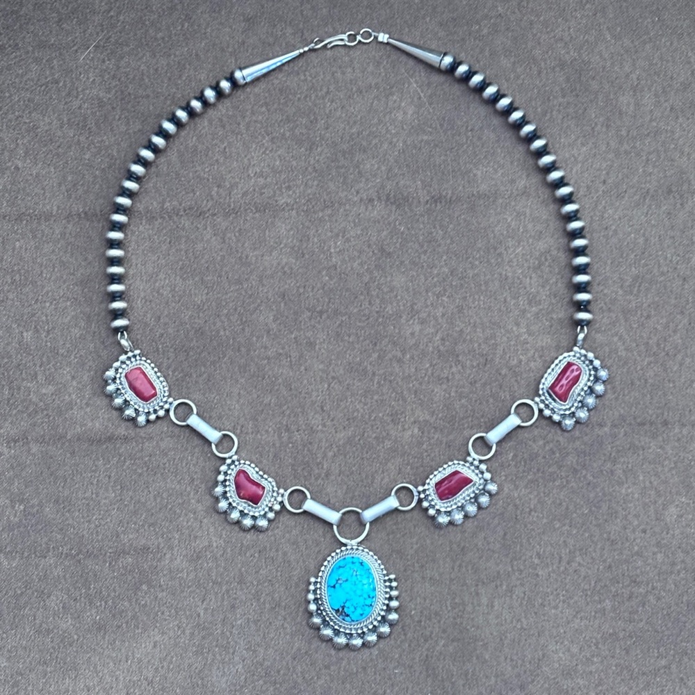 Turquoise Coral Sterling Silver Station Necklace Tom Lewis Artist Navajo 54 Gram